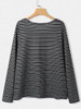 Black Cat Print Long Sleeve O-neck White Striped Plus Size T-shirt