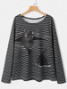 Black Cat Print Long Sleeve O-neck White Striped Plus Size T-shirt