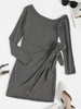 Skew Collar Tie Waist Long Sleeve Bodycon Dress