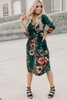 Green Floral 3/4 Sleeve Wrap Modest Midi Dress, Modest Dresses, Modest Christmas Dress
