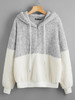 Zip Half Placket Two Tone Teddy Drawstring Hoodie