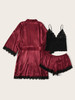 3pack Contrast Lace Satin Lingerie Set & Belted Robe
