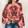 Floral Print Lantern Sleeve Shirt Sexy Lace-up Tassel O Neck Women Tops Spring
