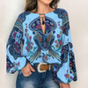 Floral Print Lantern Sleeve Shirt Sexy Lace-up Tassel O Neck Women Tops Spring