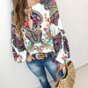 Floral Print Lantern Sleeve Shirt Sexy Lace-up Tassel O Neck Women Tops Spring