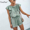 Cotton Linen Ruffle Tunic Green Elastic Waist Casual Jumpsuit