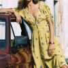 Vintage V Neck women Retro Yellow Floral Print Chiffon midi dress