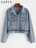 Zipper Short Denim Jackets Long Sleeve Vintage