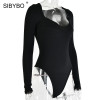 Ribbed Long Sleeve Sexy Bodysuit Fashion V-Neck Skinny