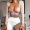 Ribbed Long Sleeve Sexy Bodysuit Fashion V-Neck Skinny