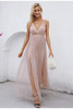 Mesh pink lace dressElegant v neck evening maxi dress