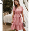 Elegant Striped V Neck Dress with Sash chic