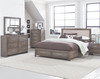 Anderson Neutral Grey Burnished Paint Finish Queen Storage Bed, Dresser, Mirror, 2 Nightstands, Chest.