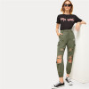 Army Green High Waist Streetwear Ripped Hole Crop Jeans