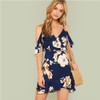 Navy Flounce Cold Shoulder Ruffle Hem Floral Print Boho Dress