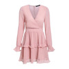 Elegant pleated chiffon  Long sleeve v neck ruffles white dress