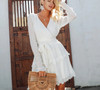 Elegant pleated chiffon  Long sleeve v neck ruffles white dress