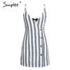 Simplee Elegant linen women summer dress V-neck button sexy summer dress Spaghetti strap ladies party mini dresses vestidos