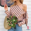 Summer Women Striped Loose Blouse Fashion Lady Off Shoulder Lace Up Shirts Female Elegant Tops