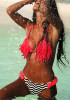 Red Striped Tassel Halter Neck Plunging Neckline Two Piece Swimwear