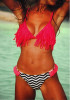 Red Striped Tassel Halter Neck Plunging Neckline Two Piece Swimwear