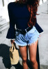 Sapphire Blue Patchwork Round Neck Flutter Sleeve Slim Fashion Blouse