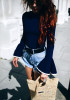 Sapphire Blue Patchwork Round Neck Flutter Sleeve Slim Fashion Blouse