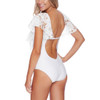 White Patchwork Lace Cut Out Backless Ruffle Deep V-neck Bikini Swimwear