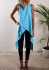 Blue Plain Irregular Zipper Slit Round Neck Fashion Vest