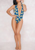 Blue Floral Cut Out Two-piece Halter Neck Sheer Long Sleeve Bikini Swimwear