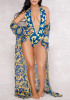 Blue Floral Cut Out Two-piece Halter Neck Sheer Long Sleeve Bikini Swimwear