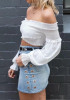 White Ruffle Midriff V-neck Long Sleeve Fashion Blouse