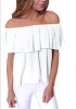 White Ruffle Boat Neck Short Sleeve Fashion Blouse