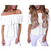 White Ruffle Boat Neck Short Sleeve Fashion Blouse