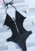 Black Patchwork Lace Tie Back Plunging Neckline Swimwear Black Patchwork Lace Tie Back Plunging Neckline Swimwear