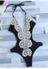 Black Patchwork Lace Tie Back Plunging Neckline Swimwear Black Patchwork Lace Tie Back Plunging Neckline Swimwear