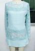 Green Patchwork Lace Hollow-out Zipper Vintage Round Neck Blouse