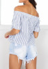 White-Blue Striped Boat Neck Off Shoulder Buttons Zipper Fashion Blouse