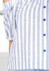 White-Blue Striped Boat Neck Off Shoulder Buttons Zipper Fashion Blouse