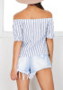 White-Blue Striped Boat Neck Off Shoulder Buttons Zipper Fashion Blouse