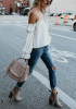 White Plain Drawstring Ruffle Boat Neck Fashion Blouse White Plain Drawstring Ruffle Boat Neck Fashion Blouse