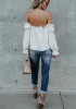 White Plain Drawstring Ruffle Boat Neck Fashion Blouse White Plain Drawstring Ruffle Boat Neck Fashion Blouse