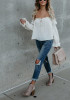 White Plain Drawstring Ruffle Boat Neck Fashion Blouse White Plain Drawstring Ruffle Boat Neck Fashion Blouse