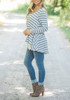 Sky Blue Striped Print Lace Irregular High-Low Swallowtail Casual T-Shirt
