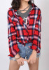 Red Pockets Turndown Collar Cute Loose Buffalo Plaid Tunic Blouse