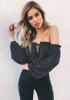 Black Drawstring Ruffle Bandeau Cut Out Off Shoulder Backless Loose T-Shirt