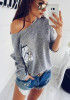 Grey Plain Pocket Sequin Round Neck Casual Pullover Sweater