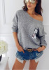 Grey Plain Pocket Sequin Round Neck Casual Pullover Sweater