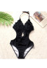 Black Patchwork Condole Belt Tie Back Cut Out Appliques Swimwear