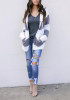 White-Grey White Striped Print Zipper Pockets Hooded Long Sleeve Oversized Casual Coat